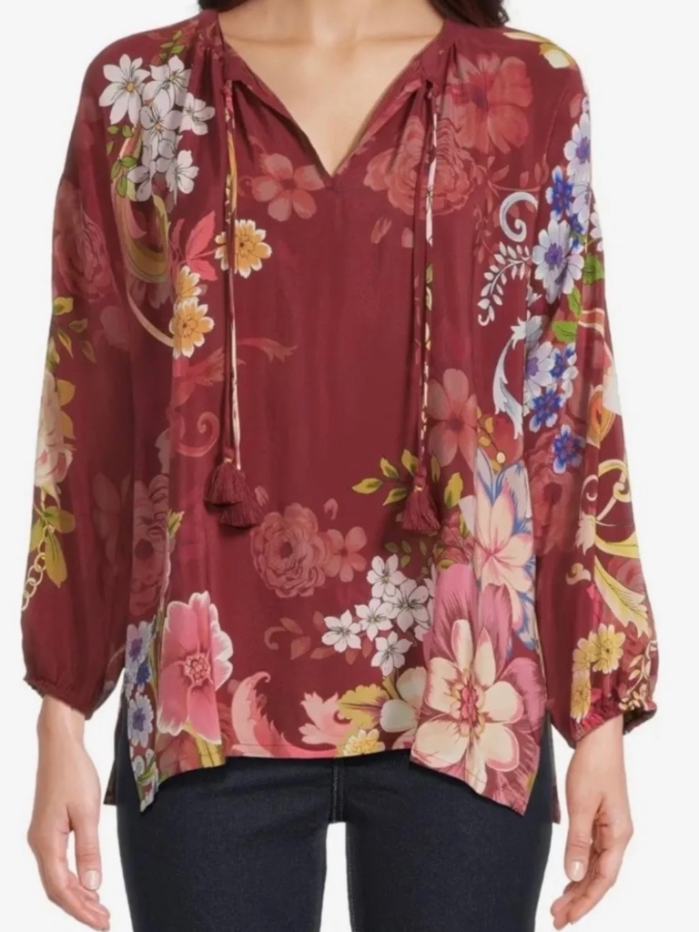 Johnny Was Rolanda Margot Blouse Silk Floral Petite Small Ps Top Boho Tassel Tie